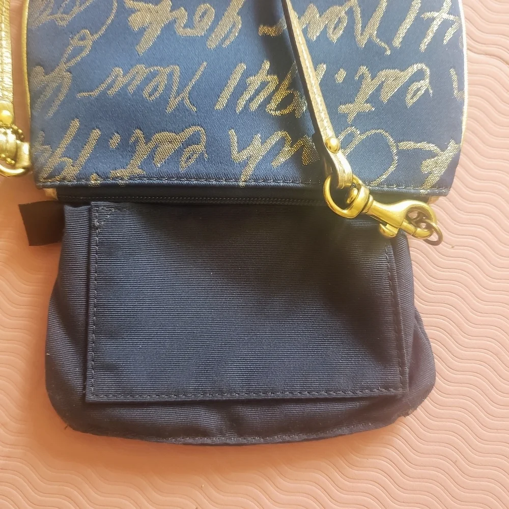 Coach Poppy New York Script Heart Lurex Small Wristlet Navy and Gold